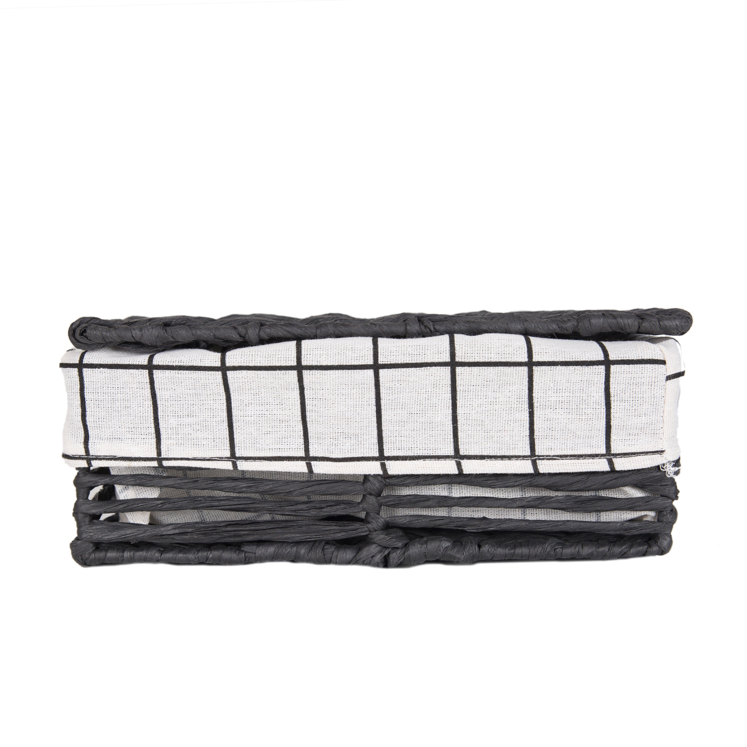 Dikdörtgen Kapaklı Hasır Sepet (Beyaz Kare Kumaş İçli) Siyah 26 X 10,5 X 15 Cm