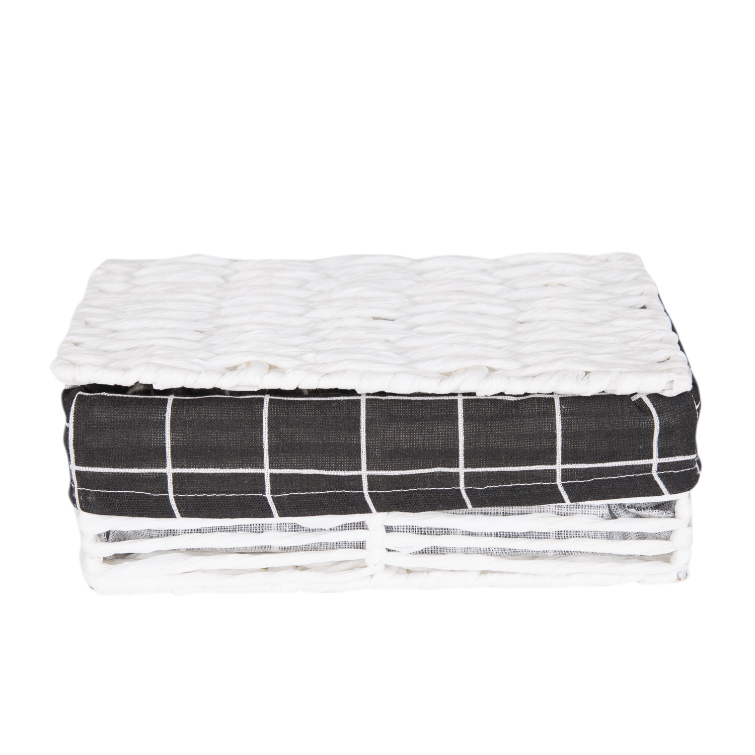 Dikdörtgen Kapaklı Hasır Sepet (Siyah Kare Kumaş İçli) Beyaz 26 X10,5 X 15 Cm