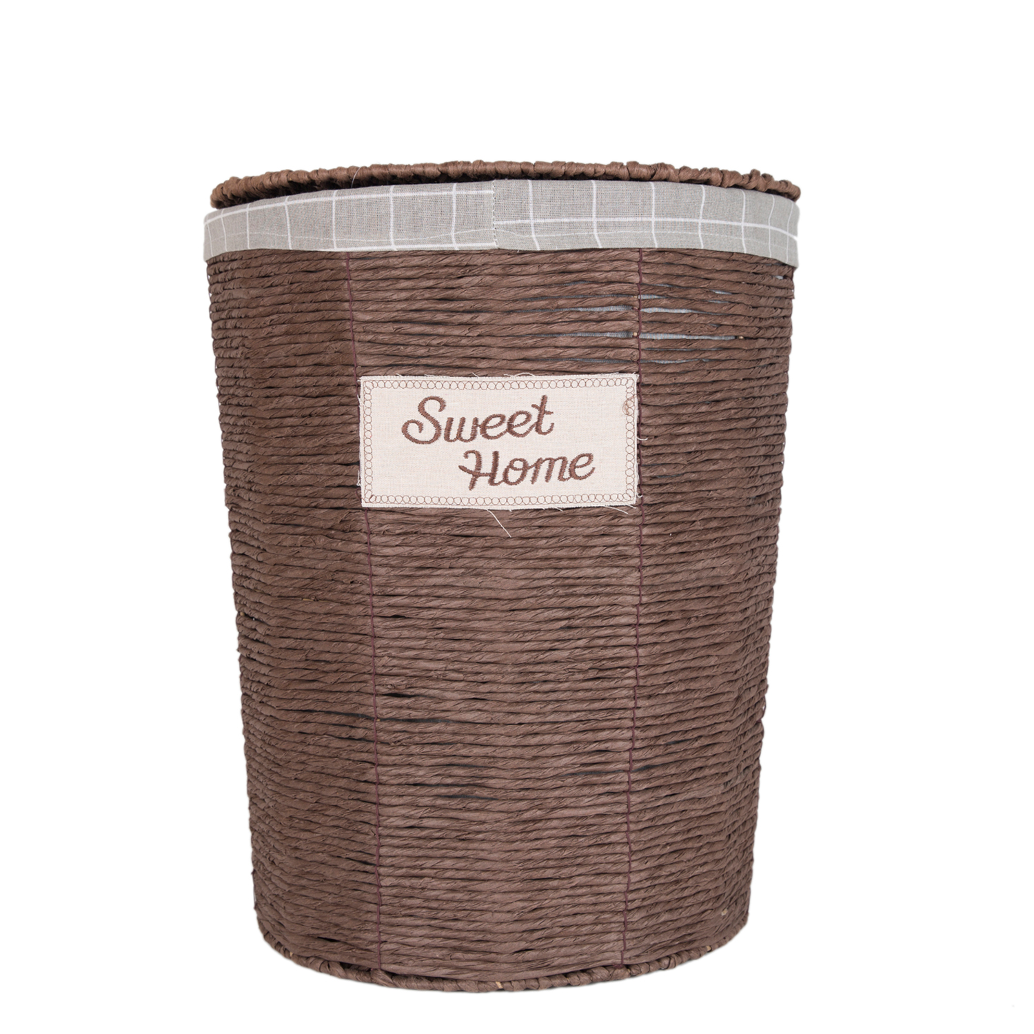 Yuvarlak Sweethome Kapaklı Hasır Çamaşır Sepeti (Gri Kare Kumaş İçli) Kahverengi 43 X 53 X 43 Cm