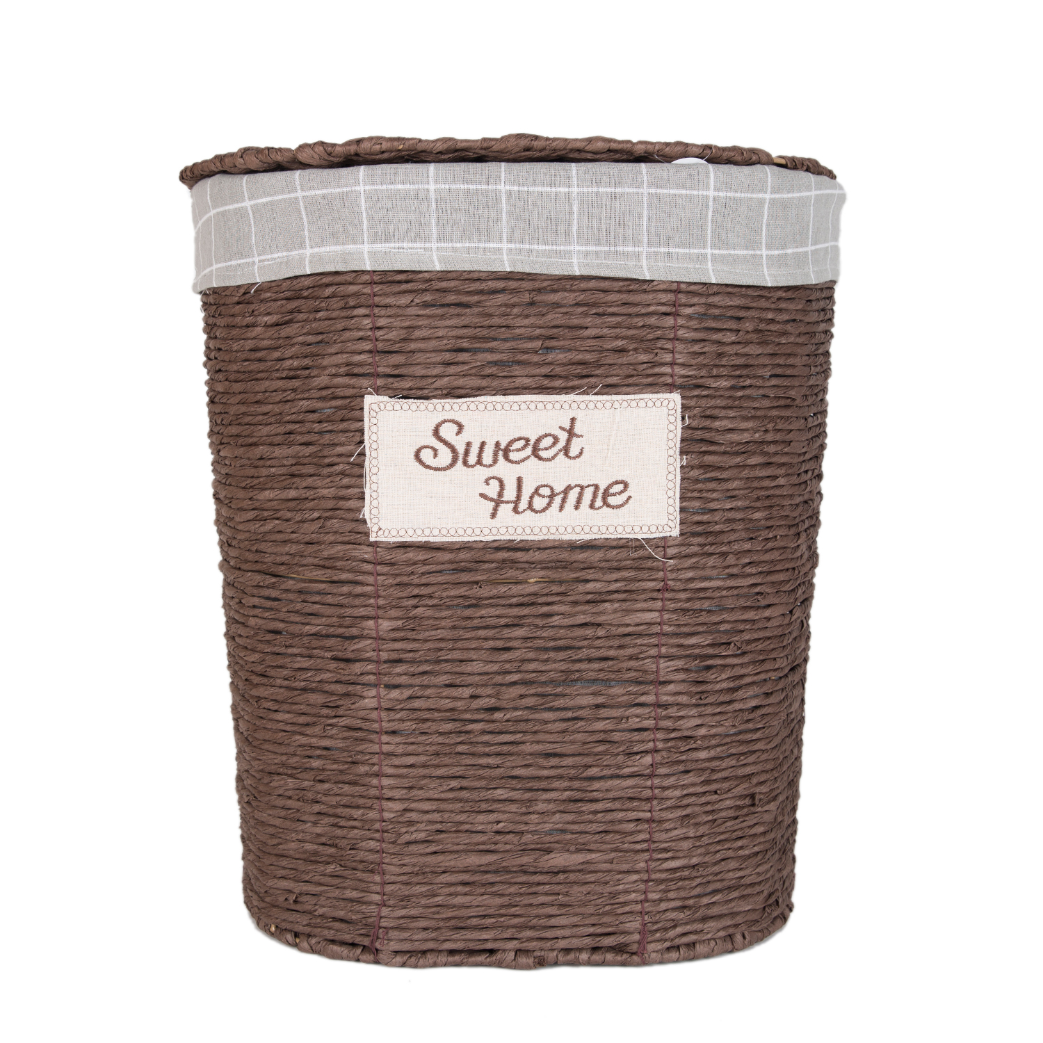 Oval Sweethome Kapaklı Hasır Çamaşır Sepeti (Gri Kare Kumaş İçli) Kahverengi 42 X 48 X 30 Cm