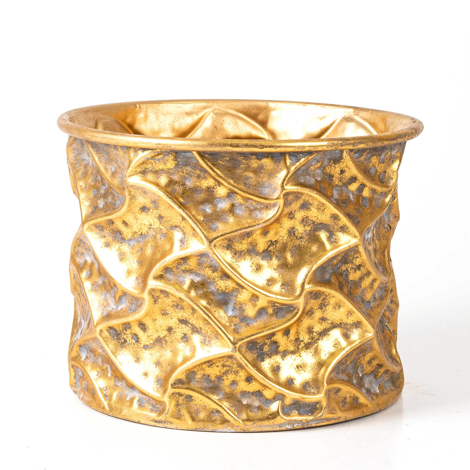 Kabartma Desenli Metal Çiçeklik Saksı Altın Eskitme 25,5x19,5x25,5 Cm.