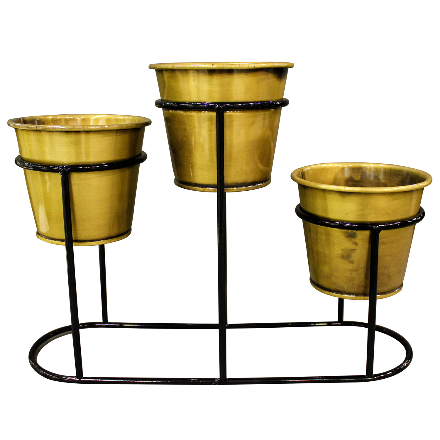 Dekoratif Metal Standlı 3'lü Saksı Parlak Altın 38x29x13 Cm. - Herdekora