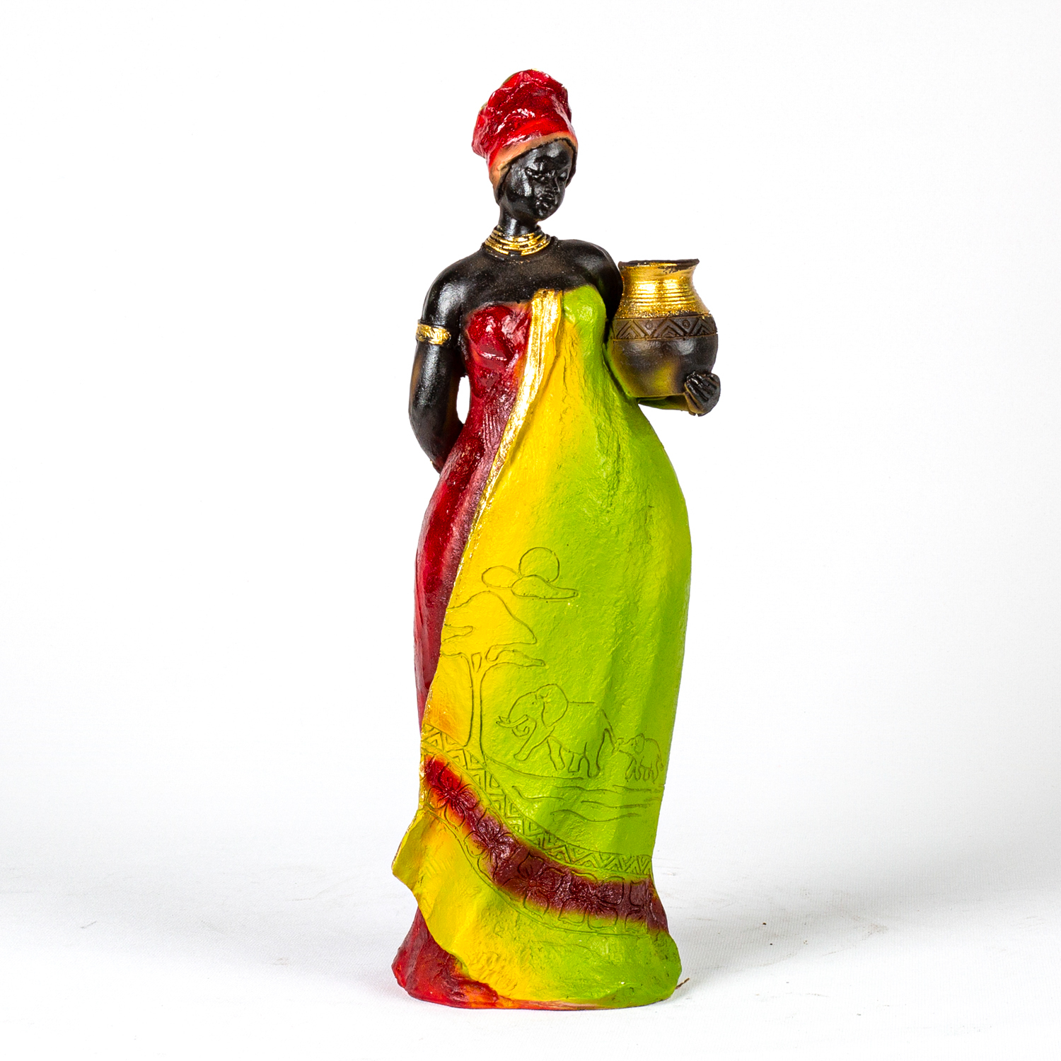 Otantik Vazo Taşıyan Afrikalı Kadın Bordo-Yeşil 11x38x11 Cm.