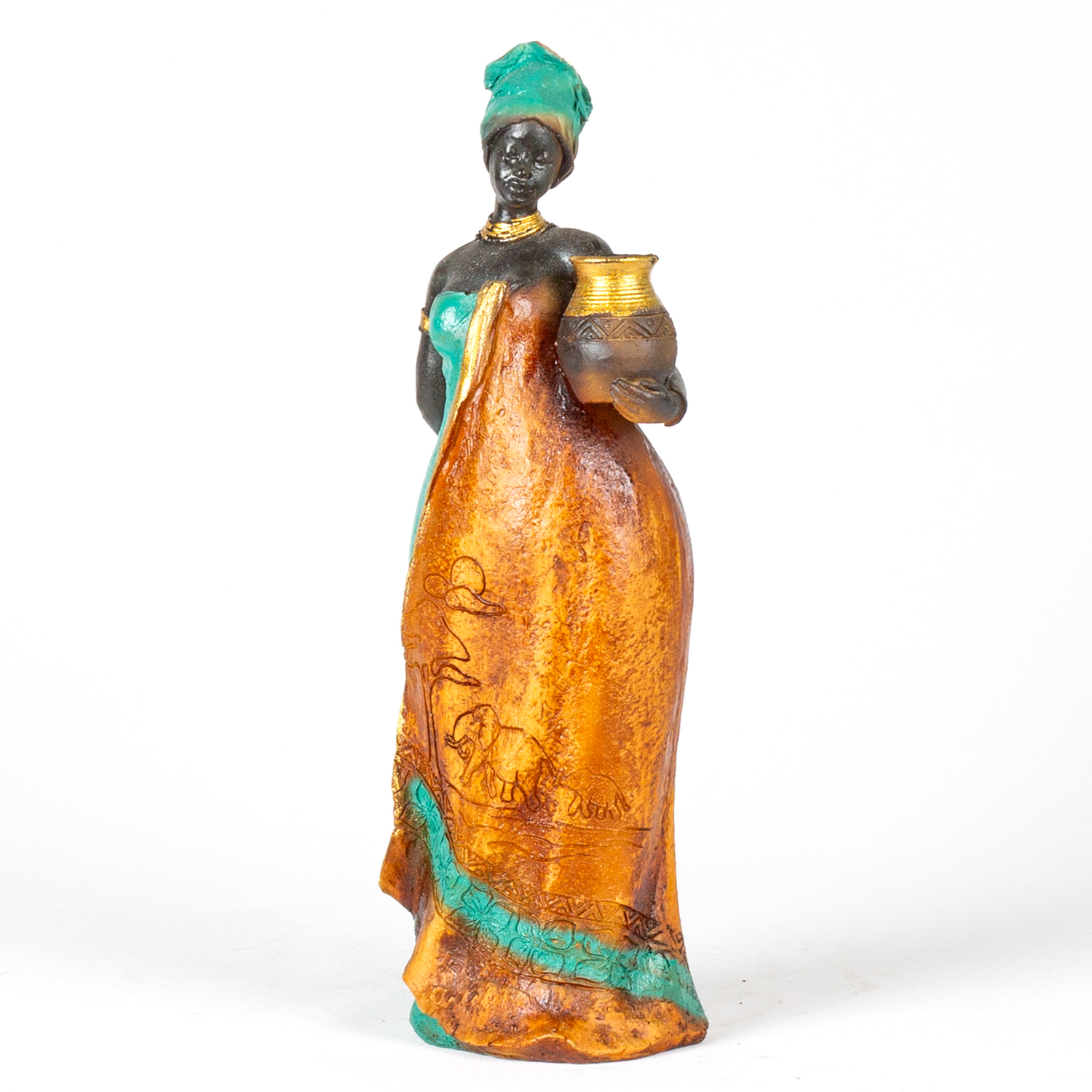 Otantik Vazo Taşıyan Afrikalı Kadın Turkuaz-Kahverengi 11x38x11 Cm.