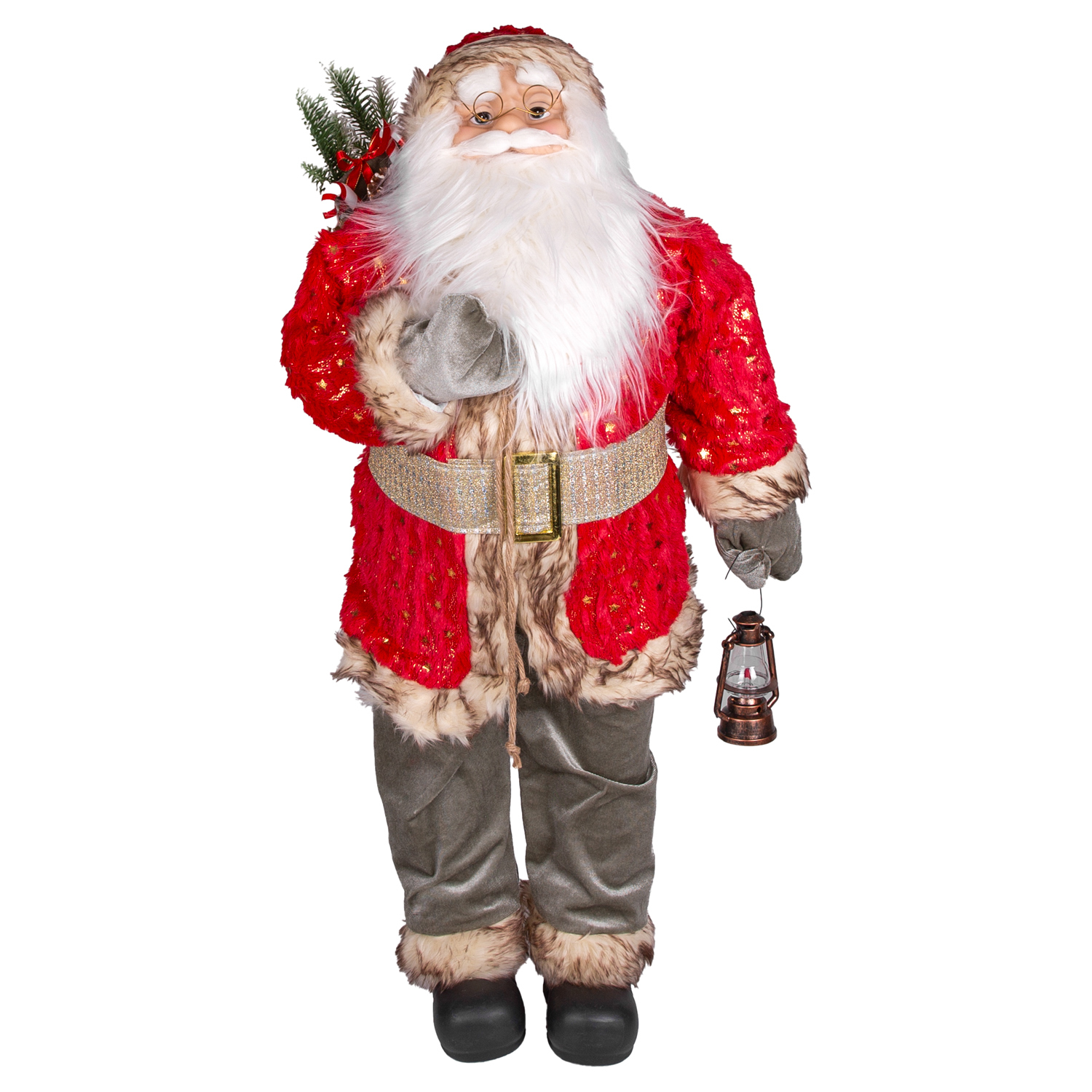 Yılbaşı Noel Baba Gold Hediye Çuvallı Yeşil Pantalonlu Fenerli Kırmızı-Yeşil 90 Cm. - Herdekora