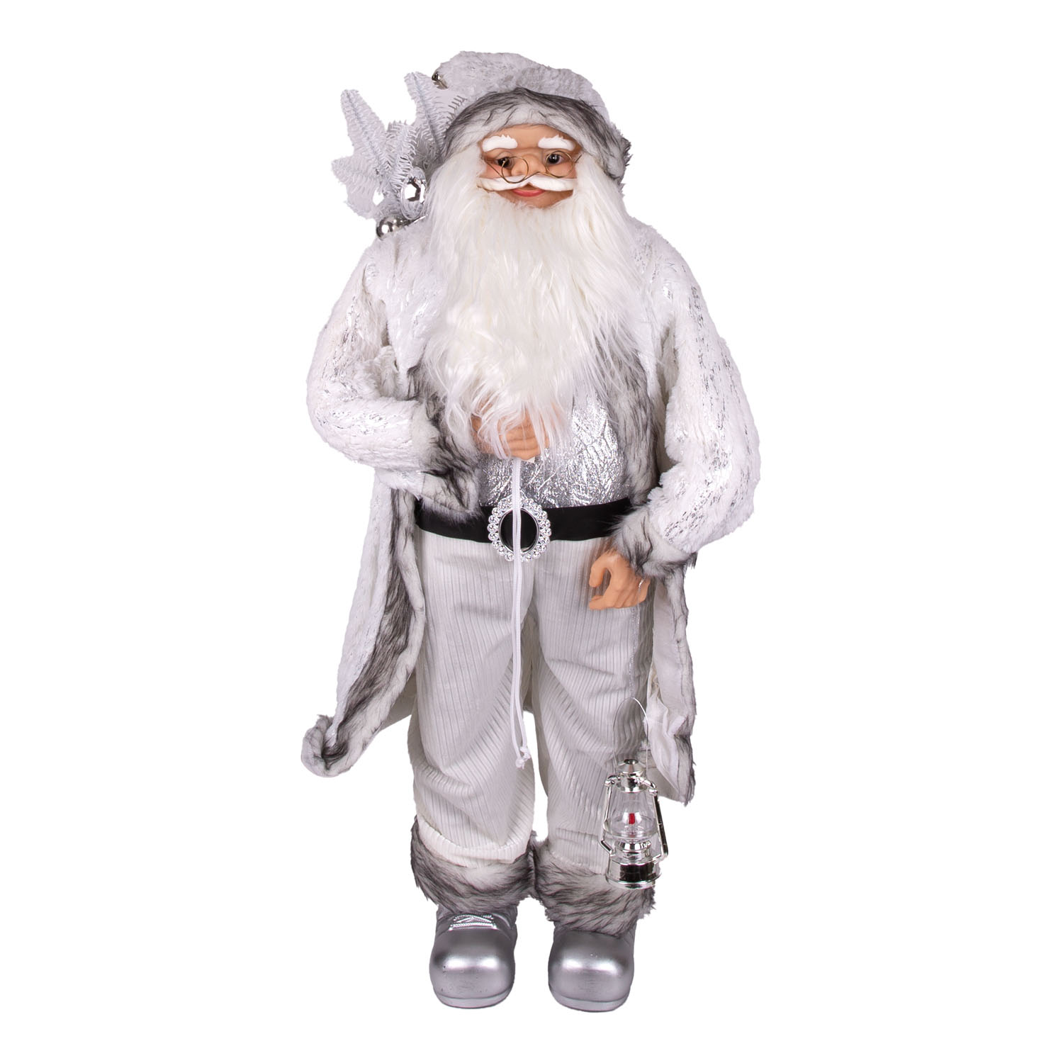 Yılbaşı Noel Baba Beyaz Hediye Çuvallı Fenerli Gümüş-Gri 90 Cm. - Herdekora