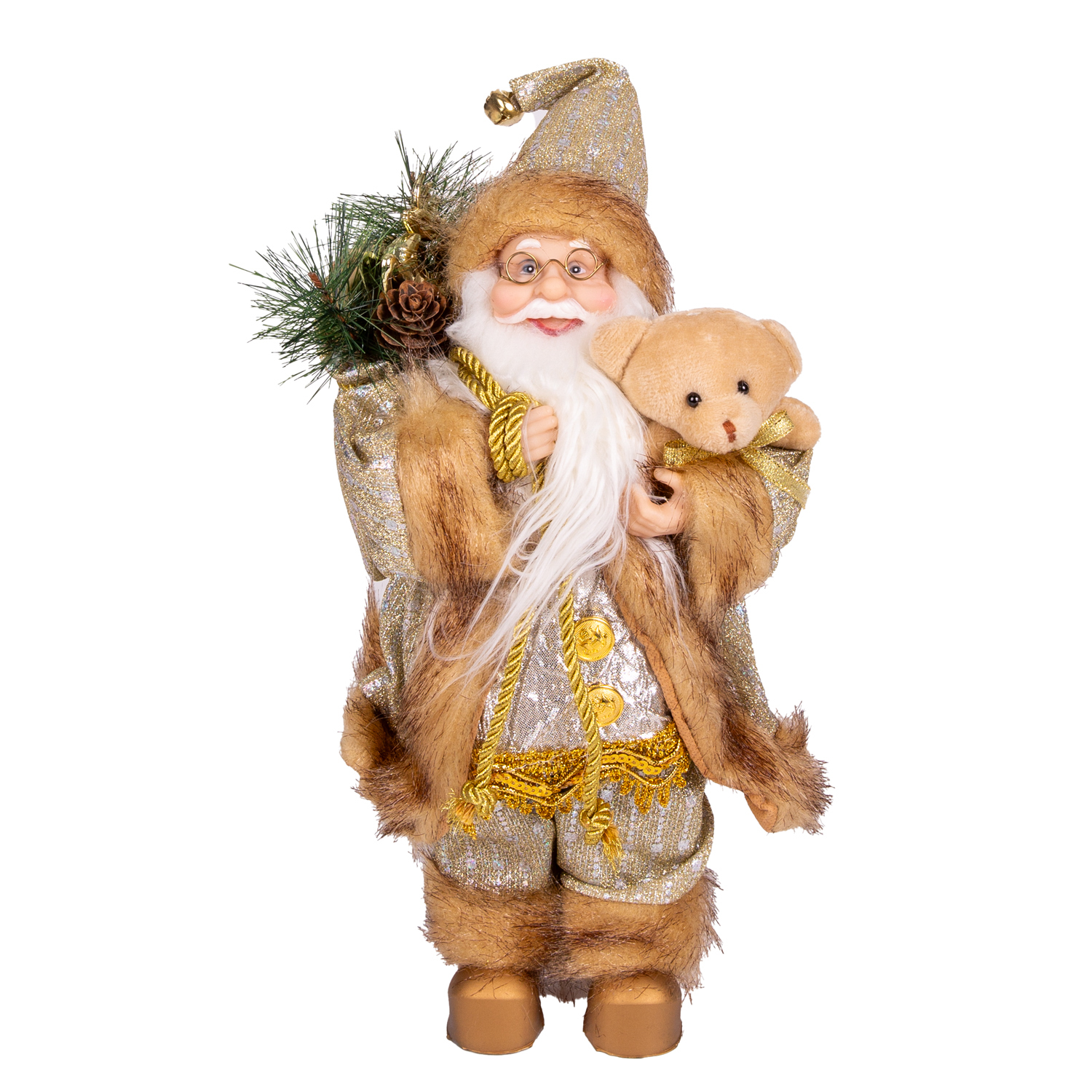 Yılbaşı Noel Baba Hediye Çuvallı Pelüş Ayı Dekorlu Gold 30 Cm. - Herdekora