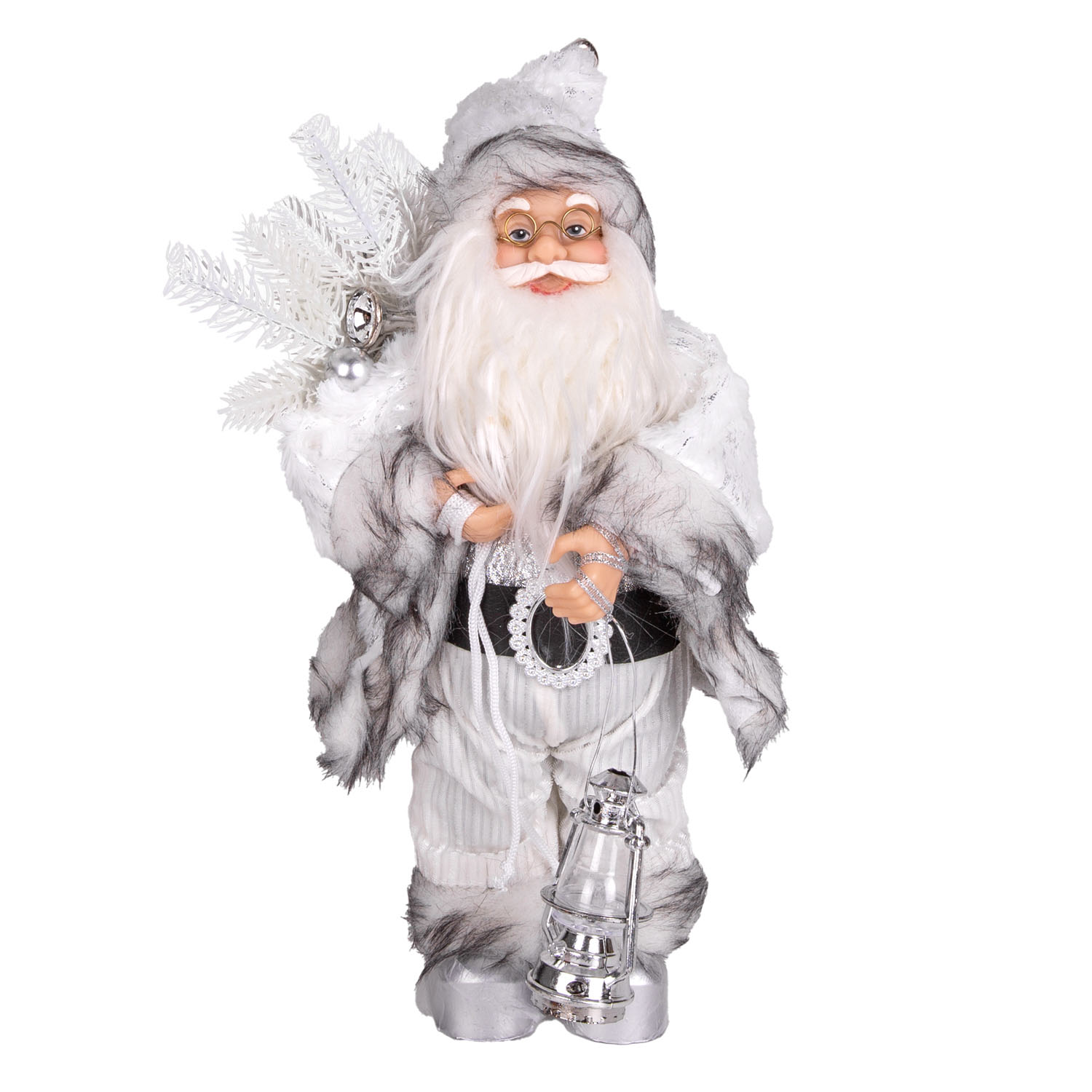 Yılbaşı Noel Baba Beyaz Hediye Çuvallı Fenerli Gümüş-Gri 30 Cm. - Herdekora