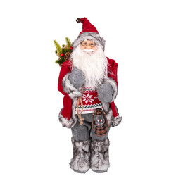 Yılbaşı Noel Baba Hediye Çuvallı Fenerli Gri Pantolonlu Kırmızı-Gri 60 Cm.